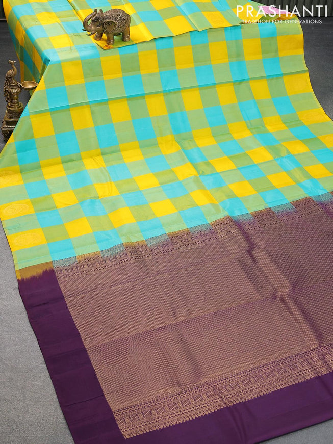 Pure kanjivaram silk saree yellow teal blue and deep purple with paalum pazhamum check in borderless style - {{ collection.title }} by Prashanti Sarees