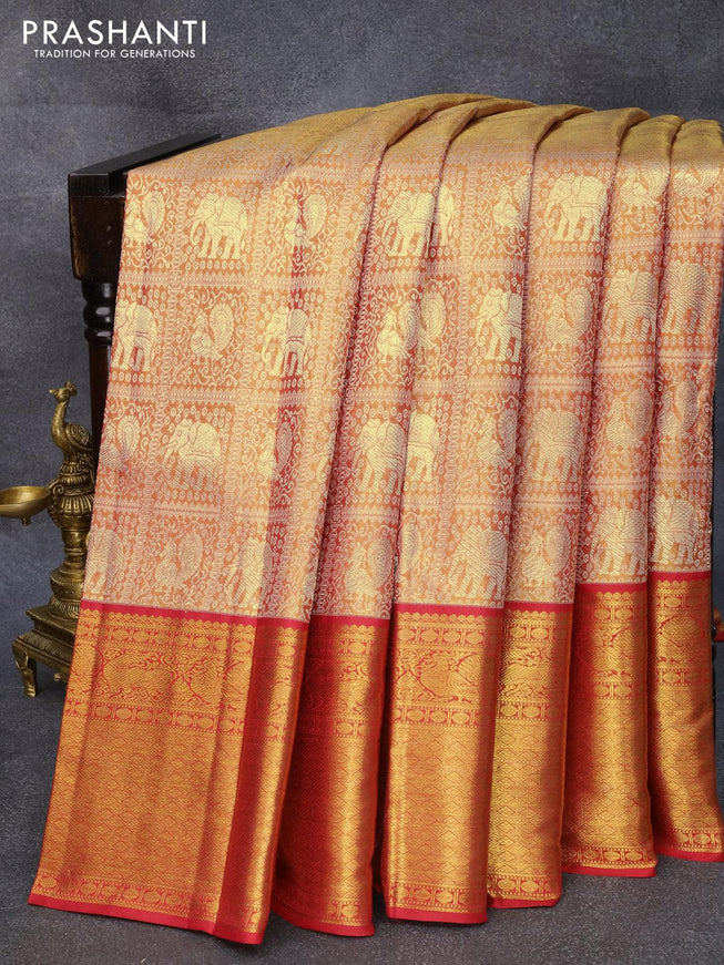 Pure kanjivaram tissue silk saree dual shade of gold and red with allover silver zari woven brocade weaves and zari woven border Tissue - {{ collection.title }} by Prashanti Sarees