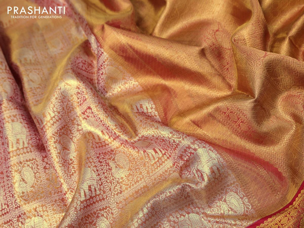 Pure kanjivaram tissue silk saree dual shade of gold and red with allover silver zari woven brocade weaves and zari woven border Tissue - {{ collection.title }} by Prashanti Sarees
