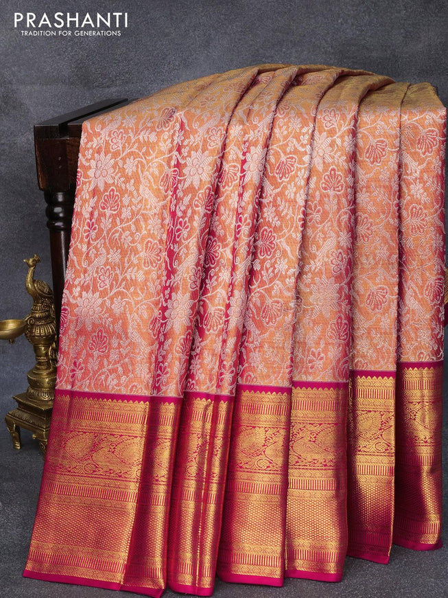 Pure kanjivaram tissue silk saree dual shade of goldish pink and pink with allover silver zari woven brocade weaves and long zari woven border Tissue - {{ collection.title }} by Prashanti Sarees