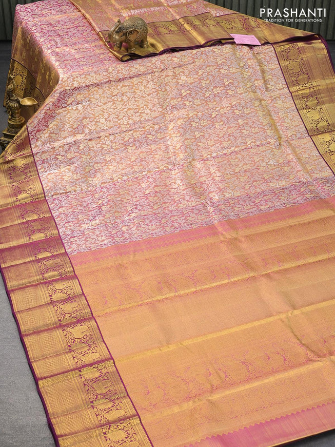 Pure kanjivaram tissue silk saree dual shade of goldish pink and purple with allover silver zari woven brocade weaves and floral design zari woven border Tissue - {{ collection.title }} by Prashanti Sarees