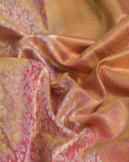 Pure kanjivaram tissue silk saree dual shade of goldish pink and purple with allover silver zari woven brocade weaves and floral design zari woven border Tissue - {{ collection.title }} by Prashanti Sarees