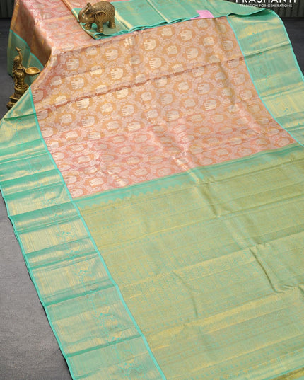 Pure kanjivaram tissue silk saree dual shade of goldish pink and teal blue shade with allover silver zari woven brocade weaves and zari woven border Tissue - {{ collection.title }} by Prashanti Sarees