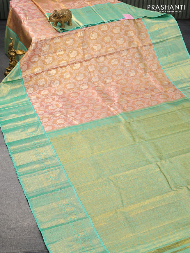 Pure kanjivaram tissue silk saree dual shade of goldish pink and teal blue shade with allover silver zari woven brocade weaves and zari woven border Tissue - {{ collection.title }} by Prashanti Sarees