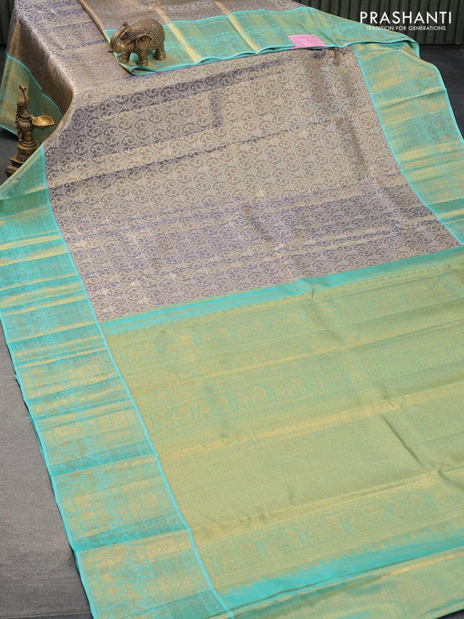Pure kanjivaram tissue silk saree dual shade of grey and teal blue with allover silver zari woven brocade weaves and zari woven border Tissue - {{ collection.title }} by Prashanti Sarees