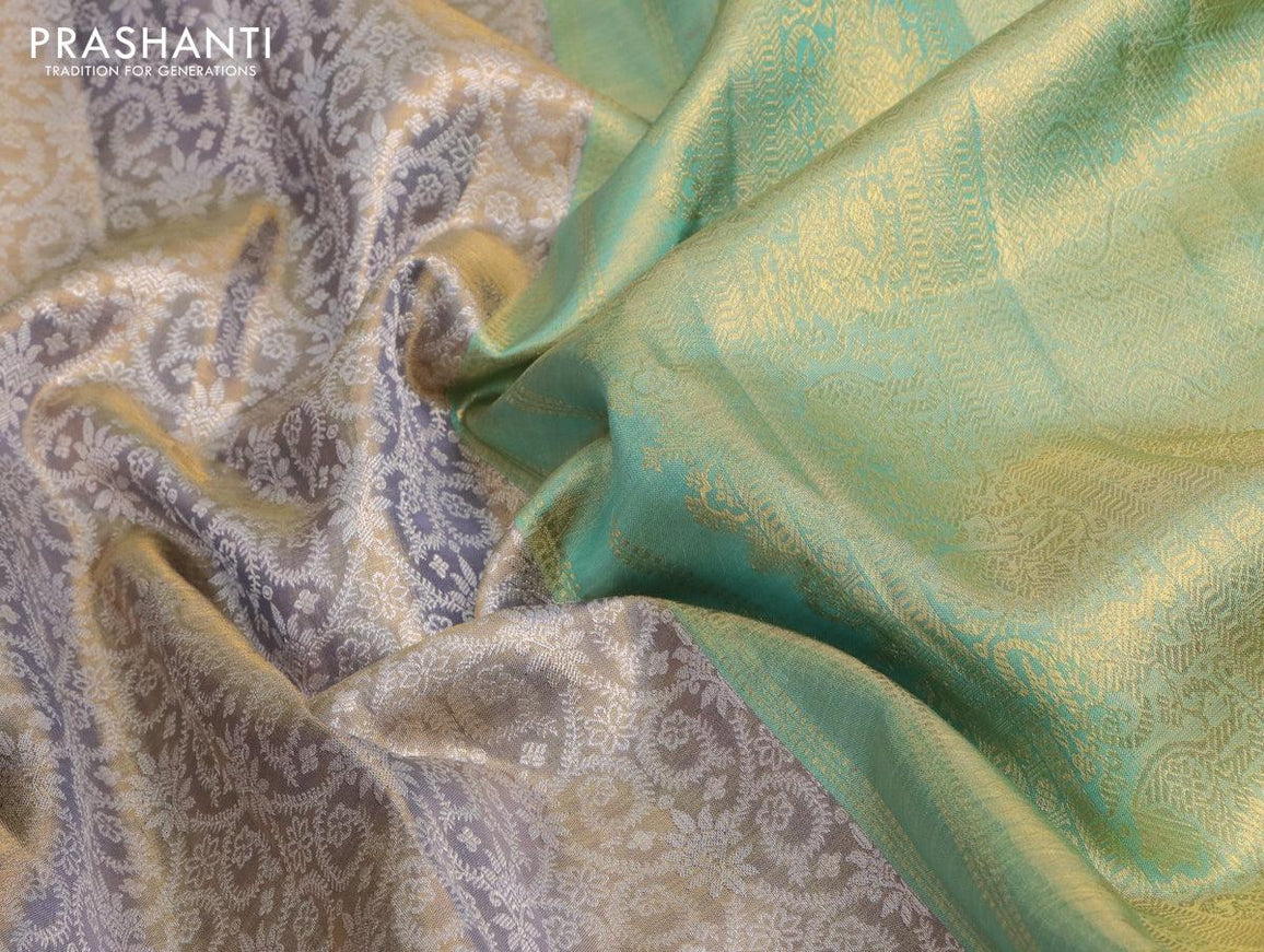 Pure kanjivaram tissue silk saree dual shade of grey and teal blue with allover silver zari woven brocade weaves and zari woven border Tissue - {{ collection.title }} by Prashanti Sarees