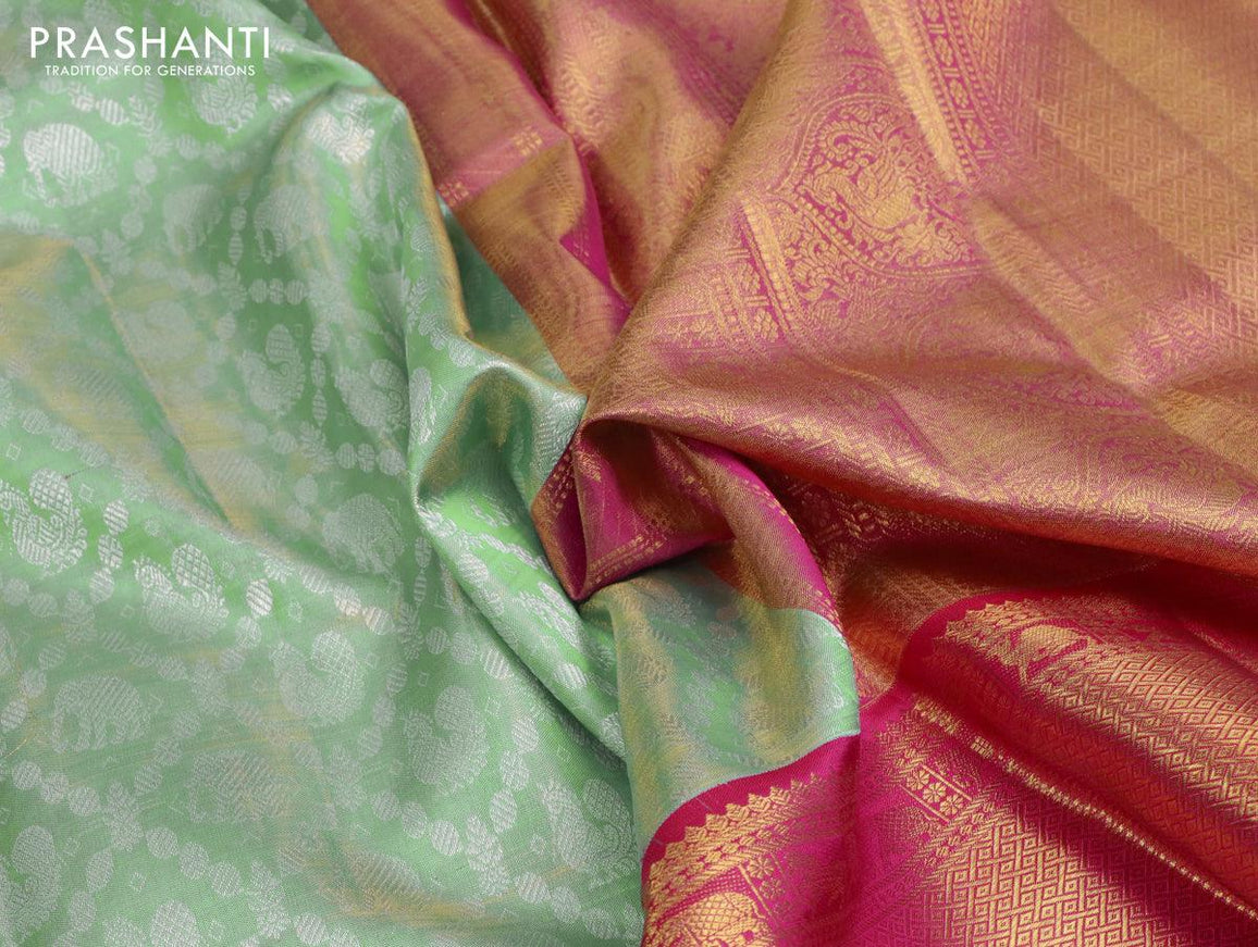 Pure kanjivaram tissue silk saree dual shade of light blue and pink with allover silver zari woven brocade weaves and long zari woven border Tissue - {{ collection.title }} by Prashanti Sarees