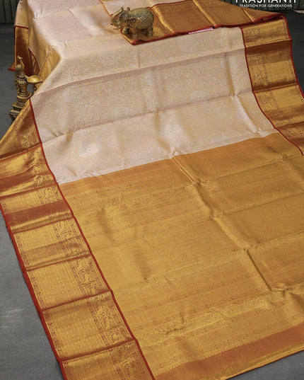 Pure kanjivaram tissue silk saree dual shade of peach shade and dark pink with allover silver zari woven brocade weaves and long zari woven border - {{ collection.title }} by Prashanti Sarees