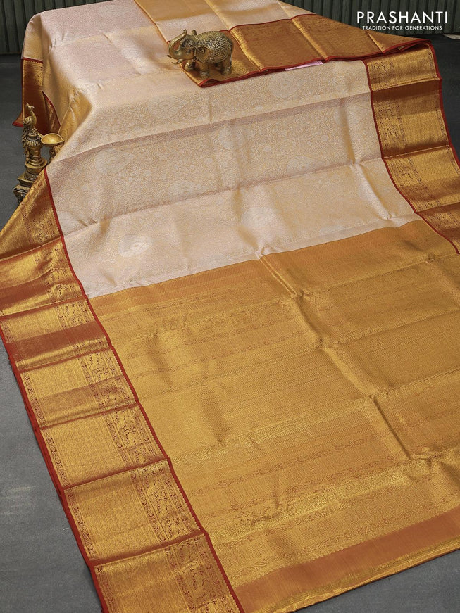 Pure kanjivaram tissue silk saree dual shade of peach shade and dark pink with allover silver zari woven brocade weaves and long zari woven border - {{ collection.title }} by Prashanti Sarees
