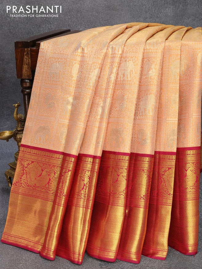 Pure kanjivaram tissue silk saree gold and dark magenta pink with allover silver zari woven brocade weaves and long annam zari woven border - {{ collection.title }} by Prashanti Sarees