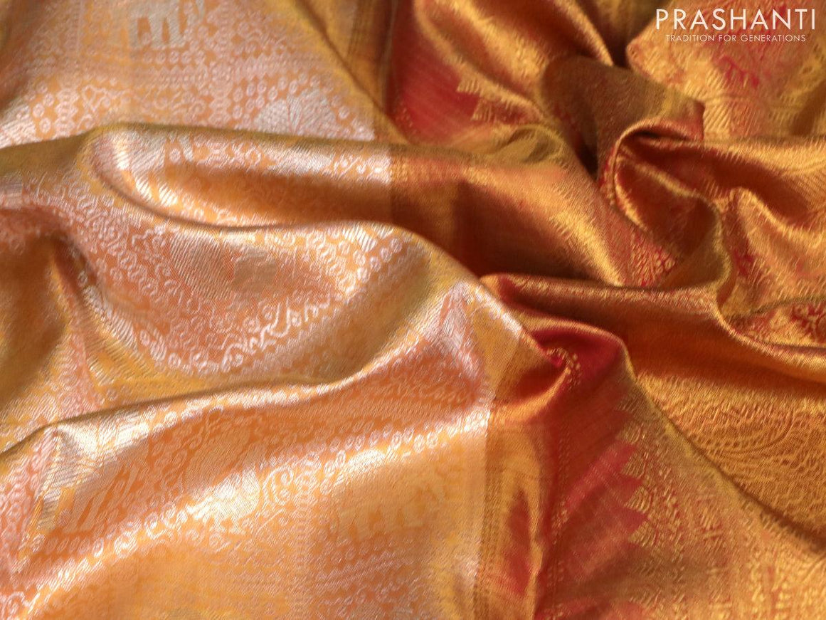 Pure kanjivaram tissue silk saree gold and dark magenta pink with allover silver zari woven brocade weaves and long annam zari woven border - {{ collection.title }} by Prashanti Sarees