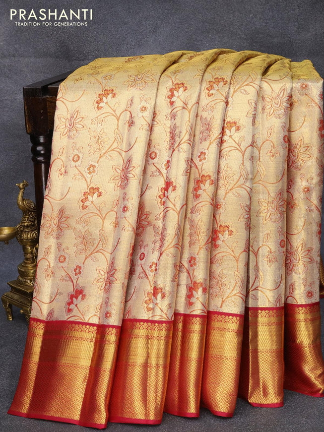 Pure kanjivaram tissue silk saree gold and dark pink with allover thread & zari woven floral weaves and zari woven border Tissue - {{ collection.title }} by Prashanti Sarees