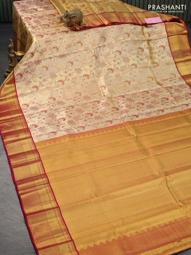 Pure kanjivaram tissue silk saree gold and dark pink with allover thread & zari woven floral weaves and zari woven border Tissue - {{ collection.title }} by Prashanti Sarees