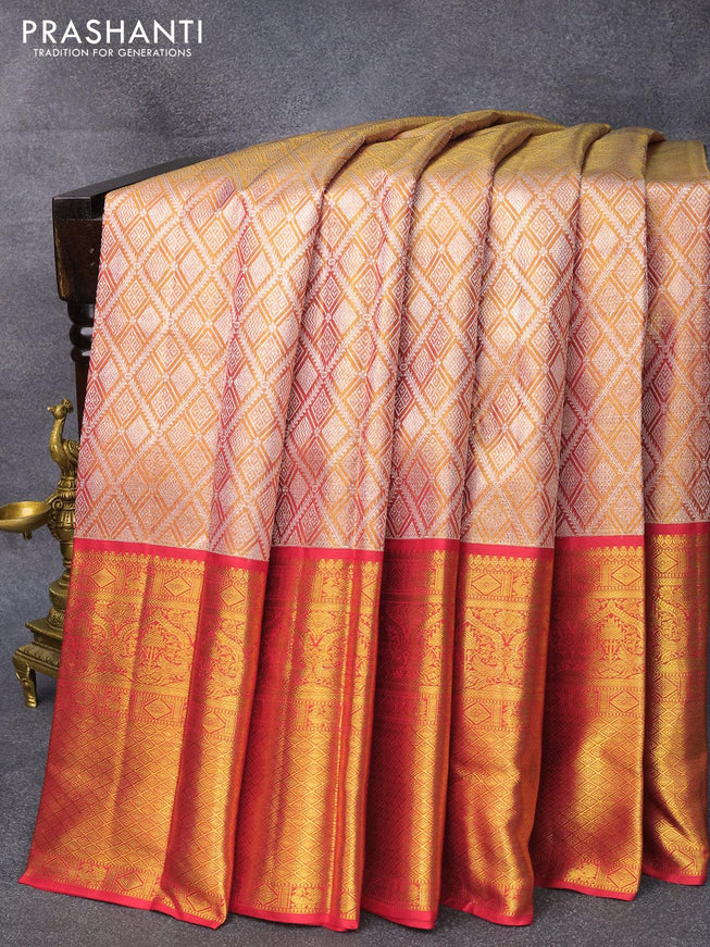 Pure kanjivaram tissue silk saree gold and red with allover silver zari woven brocade weaves and long zari woven border Tissue - {{ collection.title }} by Prashanti Sarees