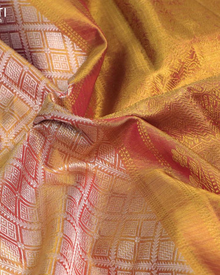 Pure kanjivaram tissue silk saree gold and red with allover silver zari woven brocade weaves and long zari woven border Tissue - {{ collection.title }} by Prashanti Sarees