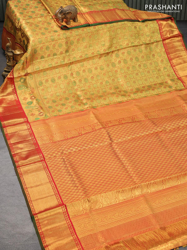 Pure kanjivaram tissue silk saree gold and red with allover thread & zari woven brocade weaves and zari woven border Tissue - {{ collection.title }} by Prashanti Sarees