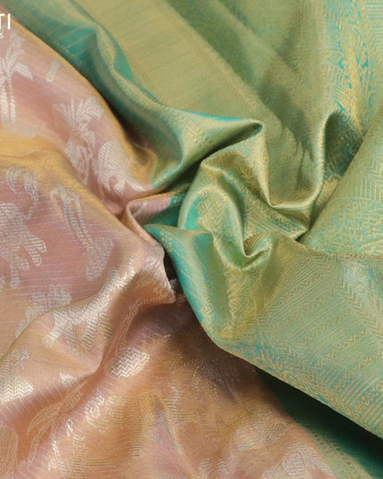 Pure kanjivaram tissue silk saree gold and teal blue shade with allover silver zari woven brocade weaves and zari woven border Tissue - {{ collection.title }} by Prashanti Sarees