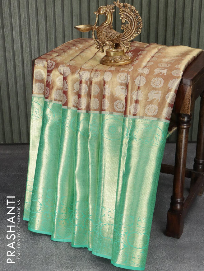 Pure Kanjivaram tissue silk saree golden maroon and teal green with allover butta weaves and long rich floral zari woven border - {{ collection.title }} by Prashanti Sarees