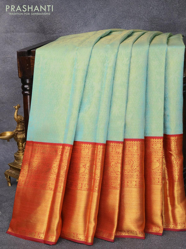 Pure kanjivaram tissue silk saree light blue shade and maroon shade with allover silver zari woven brocade weaves and long zari woven border Tissue - {{ collection.title }} by Prashanti Sarees