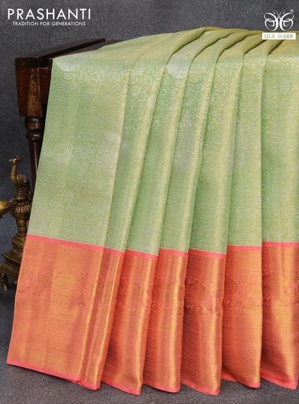 Pure kanjivaram tissue silk saree pista green and peach pink with allover silver zari woven brocade weaves and long annam zari woven border - {{ collection.title }} by Prashanti Sarees