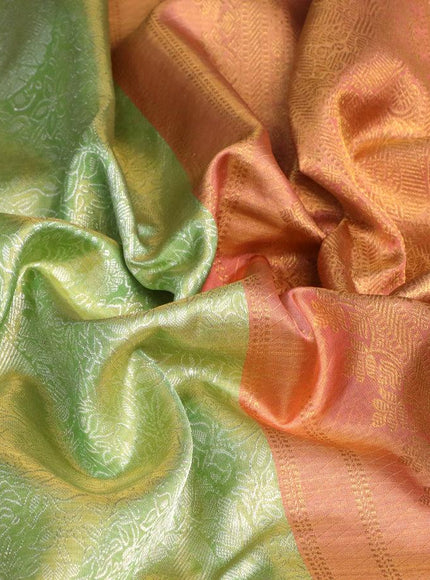 Pure kanjivaram tissue silk saree pista green and peach pink with allover silver zari woven brocade weaves and long annam zari woven border - {{ collection.title }} by Prashanti Sarees