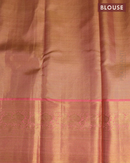 Pure kanjivaram tissue silk saree pista green and peach pink with allover silver zari woven brocade weaves and long annam zari woven border - {{ collection.title }} by Prashanti Sarees