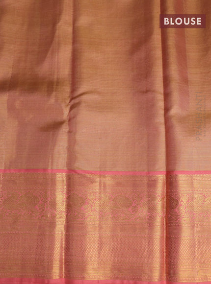 Pure kanjivaram tissue silk saree pista green and peach pink with allover silver zari woven brocade weaves and long annam zari woven border - {{ collection.title }} by Prashanti Sarees