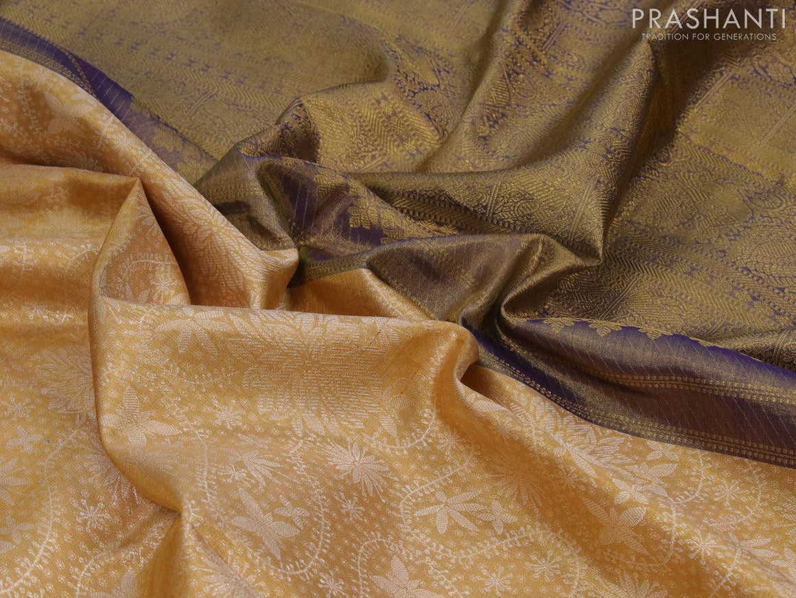 Pure kanjivaram tissue silk saree sandal and blue with allover silver zari woven brocade weaves and long zari woven border - {{ collection.title }} by Prashanti Sarees