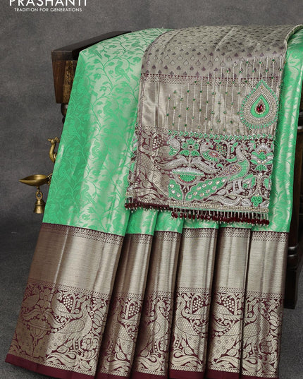 Pure kanjivaram tissue silk saree teal green and deep maroon with allover silver zari woven brocade weaves and long rich silver zari woven peacock design border & embroidery work blouse - {{ collection.title }} by Prashanti Sarees