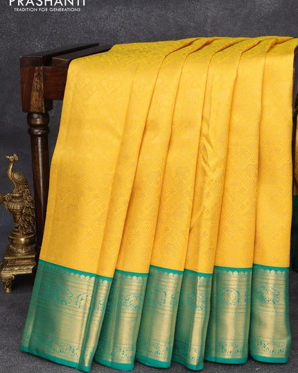 Pure kanjivaram tissue silk saree yellow and teal blue with allover silver zari woven brocade weaves and long rich annam zari woven border - {{ collection.title }} by Prashanti Sarees