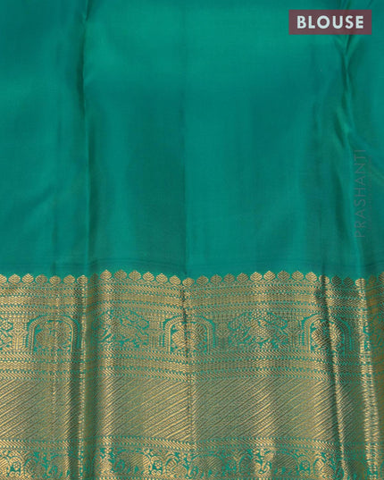 Pure kanjivaram tissue silk saree yellow and teal blue with allover silver zari woven brocade weaves and long rich annam zari woven border - {{ collection.title }} by Prashanti Sarees