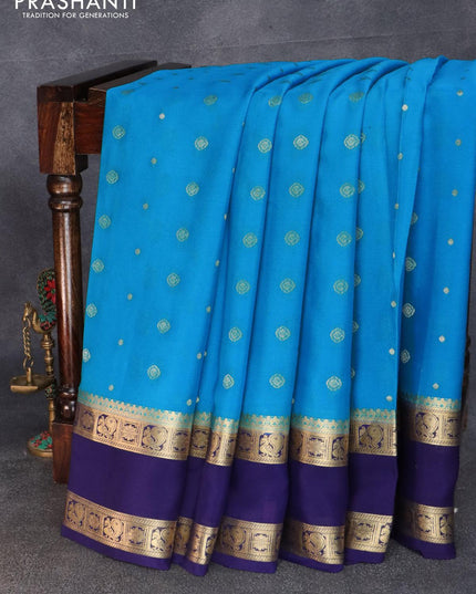 Pure mysore silk saree blue and dark blue with allover zari woven buttas and rettapet zari woven border - {{ collection.title }} by Prashanti Sarees