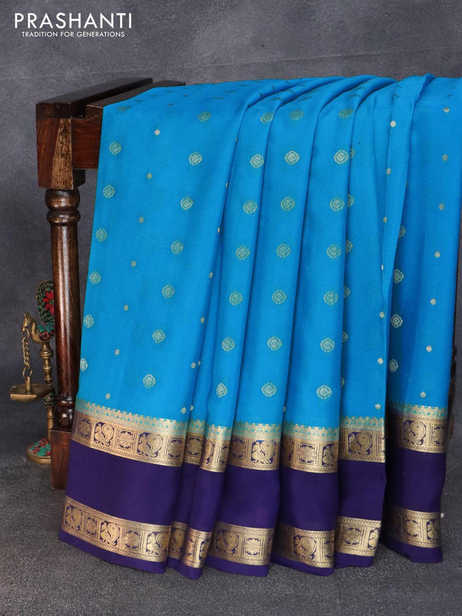 Pure mysore silk saree blue and dark blue with allover zari woven buttas and rettapet zari woven border - {{ collection.title }} by Prashanti Sarees