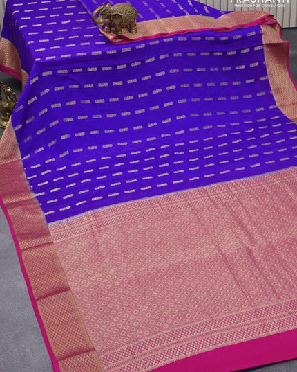 Pure mysore silk saree blue and pink with allover self emboss & zari buttas and zari woven border - {{ collection.title }} by Prashanti Sarees