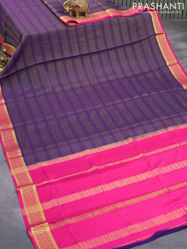 Pure mysore silk saree blue and pink with allover zari woven stripes pattern and zari woven border - {{ collection.title }} by Prashanti Sarees