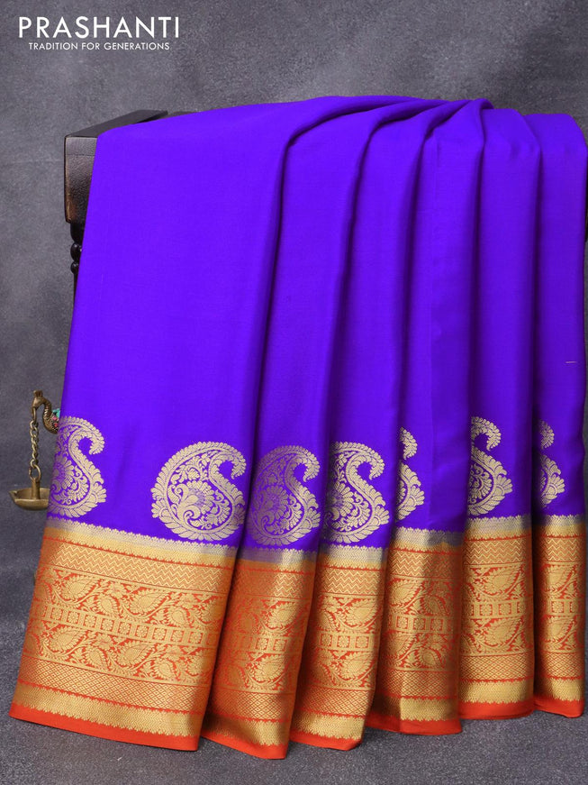 Pure mysore silk saree blue and rustic orange with plain body and paisley zari woven border - {{ collection.title }} by Prashanti Sarees