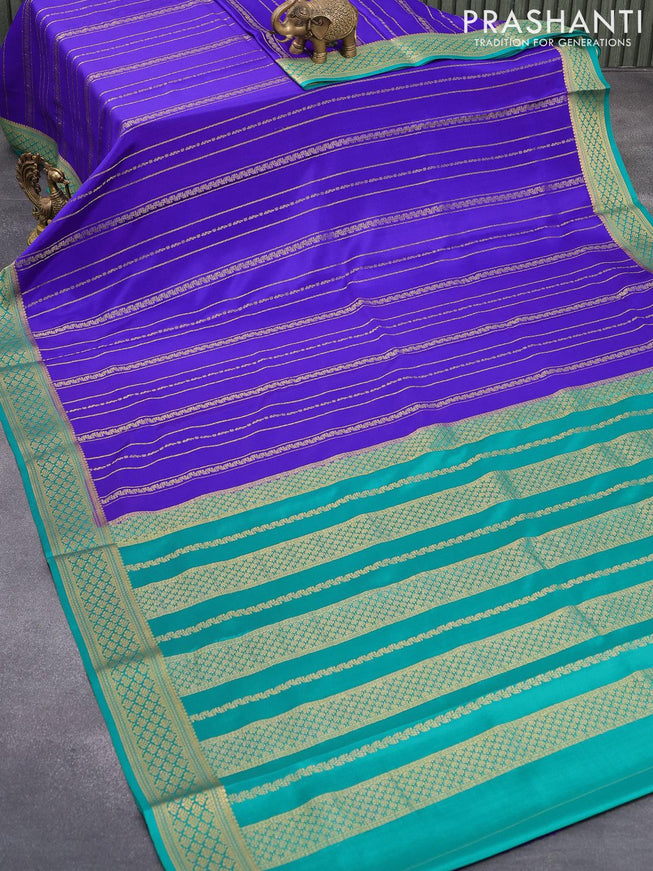 Pure mysore silk saree blue and teal green with allover weaves and zari woven border - {{ collection.title }} by Prashanti Sarees