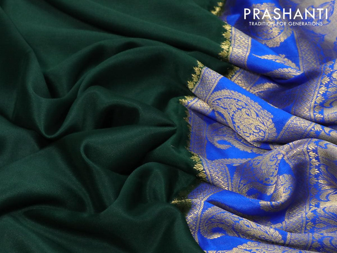 Pure mysore silk saree bottle green and royal blue with plain body and long zari woven border - {{ collection.title }} by Prashanti Sarees