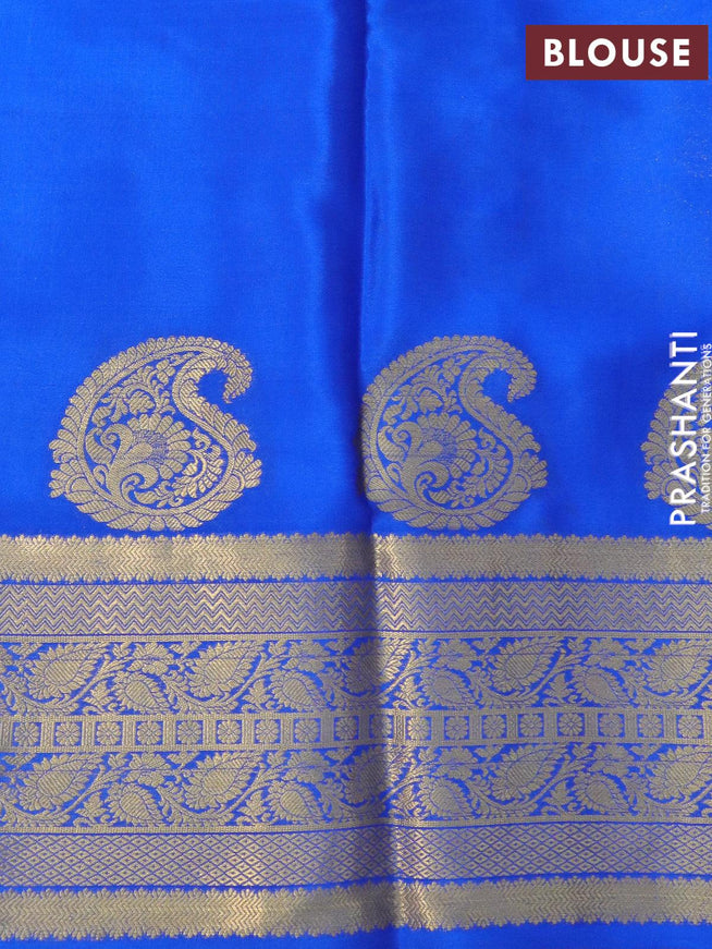 Pure mysore silk saree bottle green and royal blue with plain body and long zari woven border - {{ collection.title }} by Prashanti Sarees