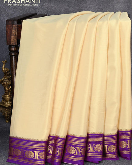 Pure mysore silk saree cream and purple with plain body and zari woven border - {{ collection.title }} by Prashanti Sarees