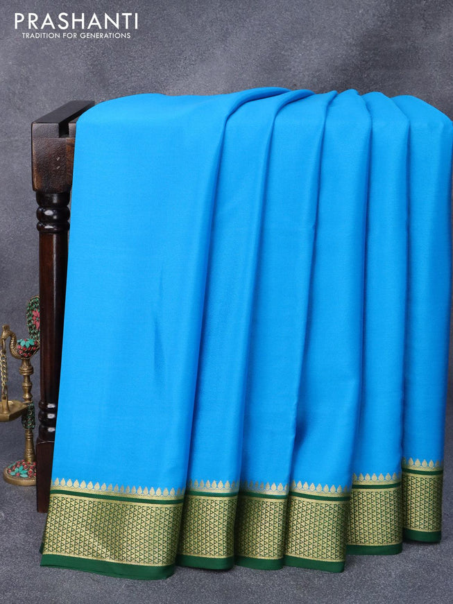 Pure mysore silk saree cs blue and green with plain body and zari woven border - {{ collection.title }} by Prashanti Sarees