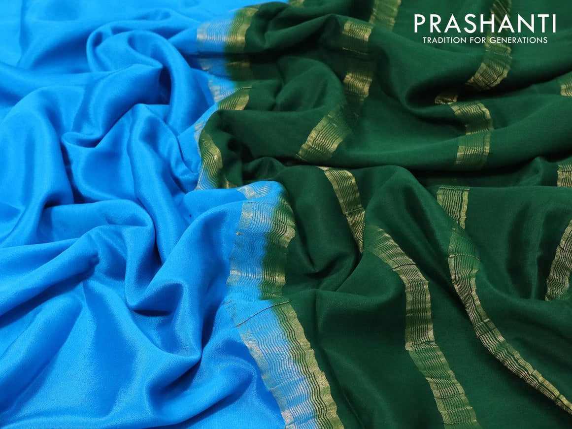 Pure mysore silk saree cs blue and green with plain body and zari woven border - {{ collection.title }} by Prashanti Sarees