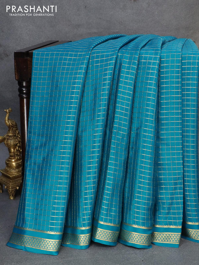 Pure mysore silk saree cs blue with allover zari checked pattern and zari woven border - {{ collection.title }} by Prashanti Sarees