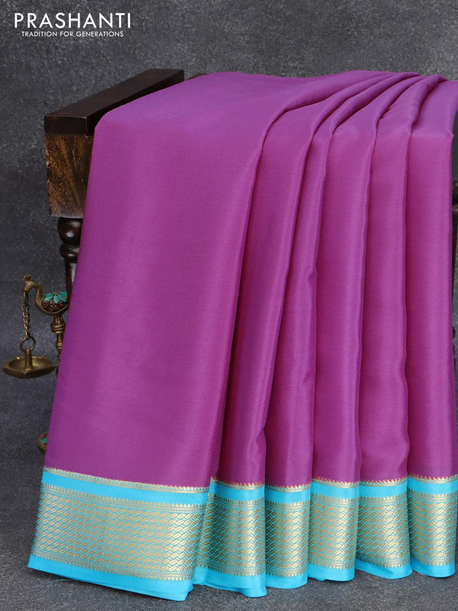 Pure mysore silk saree dark pink and light blue with plain body and zari woven border - {{ collection.title }} by Prashanti Sarees