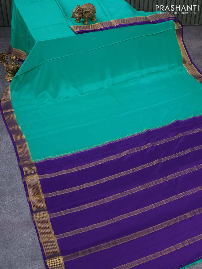 Pure mysore silk saree green and blue with plain body and zari woven border - {{ collection.title }} by Prashanti Sarees