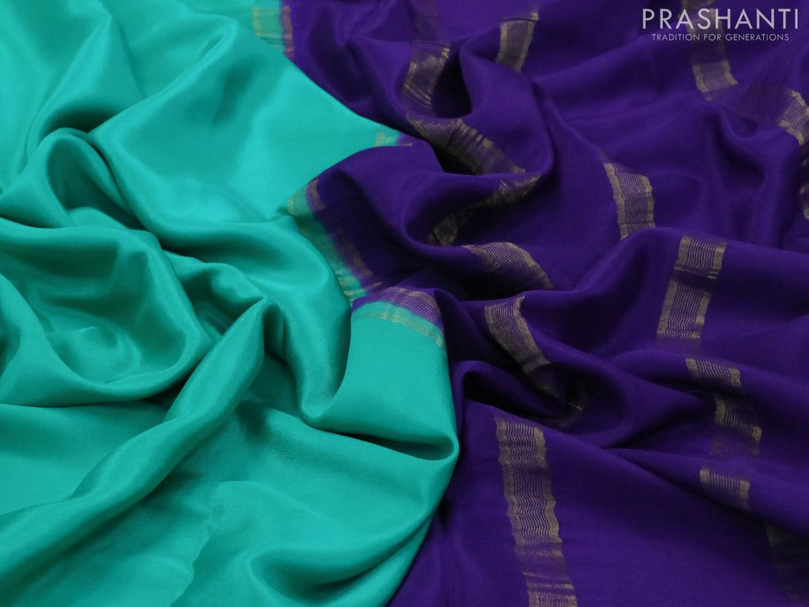 Pure mysore silk saree green and blue with plain body and zari woven border - {{ collection.title }} by Prashanti Sarees