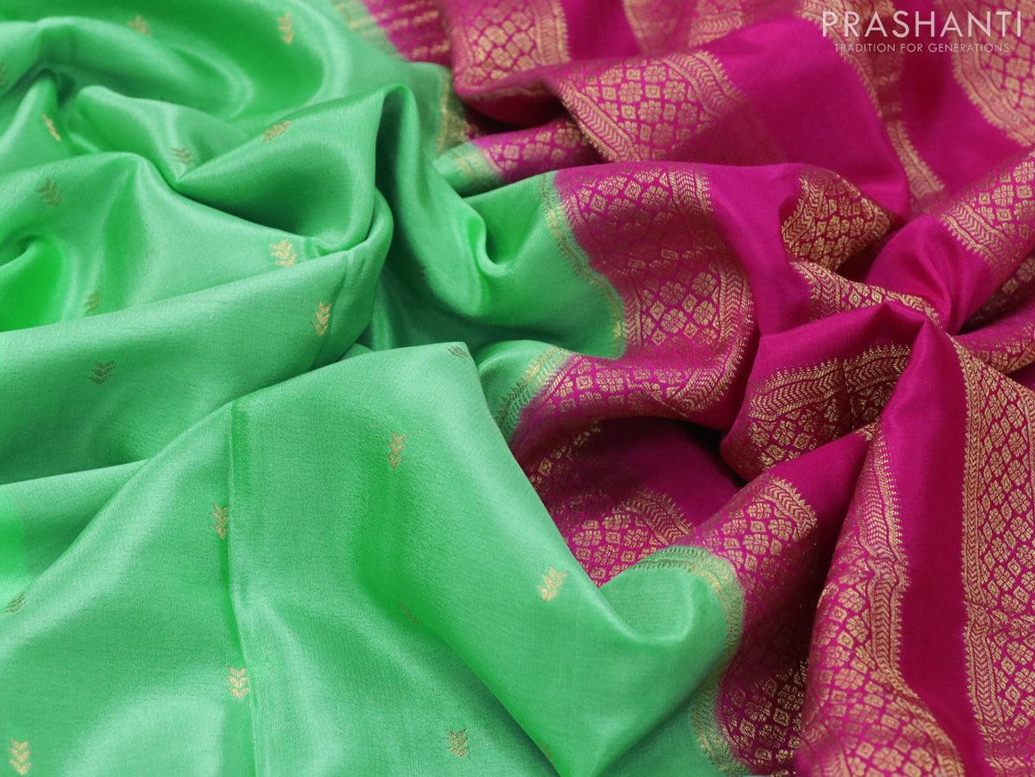 Pure mysore silk saree green shade and pink with allover zari woven buttas and zari woven border - {{ collection.title }} by Prashanti Sarees