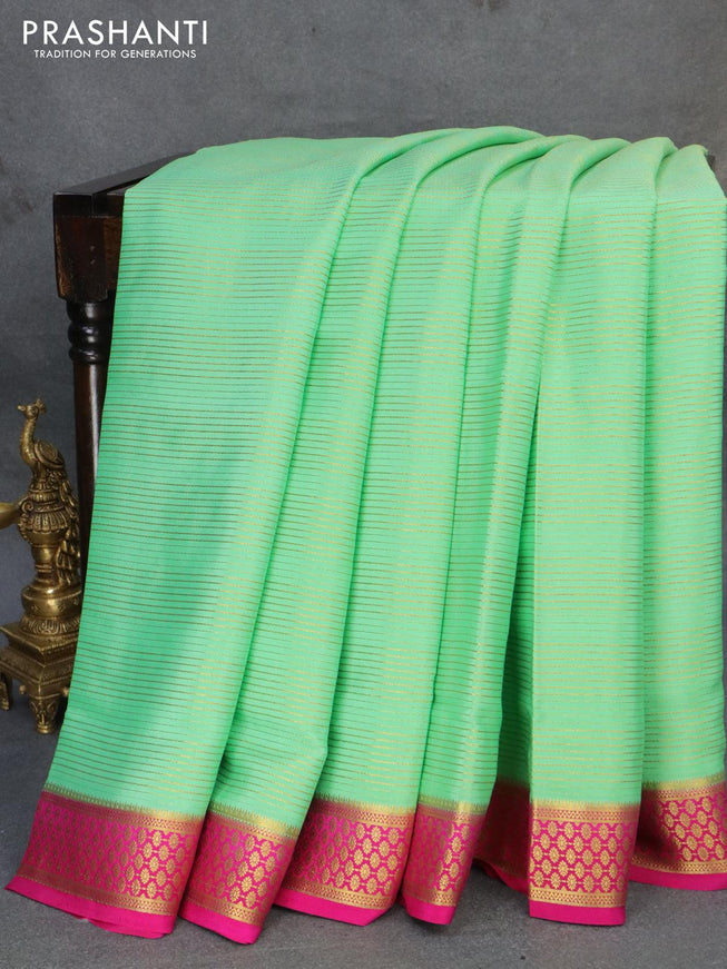 Pure mysore silk saree green shade and pink with allover zari woven stripes pattern and zari woven border - {{ collection.title }} by Prashanti Sarees