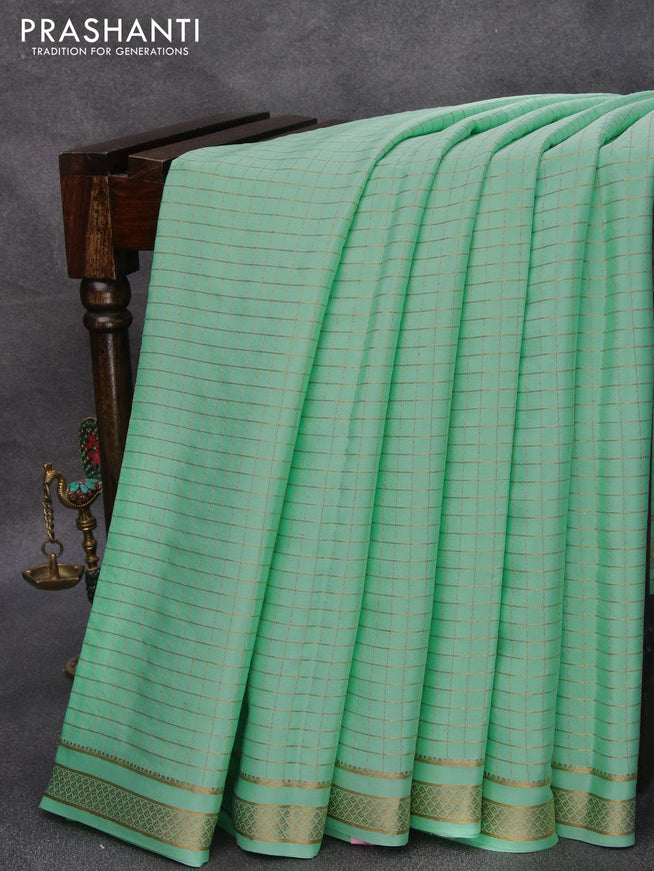 Pure mysore silk saree green shade and with allover zari checked pattern and small zari woven border - {{ collection.title }} by Prashanti Sarees