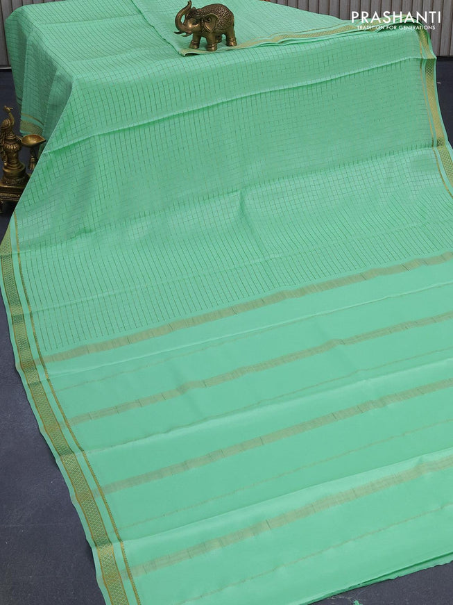 Pure mysore silk saree green shade and with allover zari checked pattern and small zari woven border - {{ collection.title }} by Prashanti Sarees